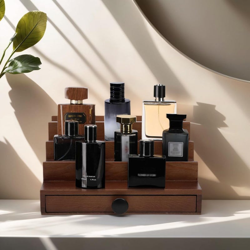 Fengligoo منظم عطور الجوز للرجال - حامل عطور خشبي بأربعة مستويات مع درج وحيز مخفي، رف لحفظ عطور الرجال لتنظيم وتخزين العطور - Image 2